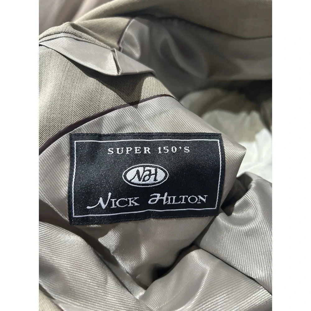 Nick Hilton Mens 44L Super 150s Wool Suit Jacket Blazer Light Olive Green Tan